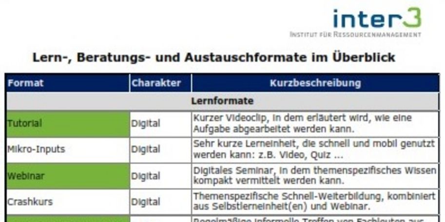 Tabelle der Lern- und Austauschformate für die Kleinstadtakademie